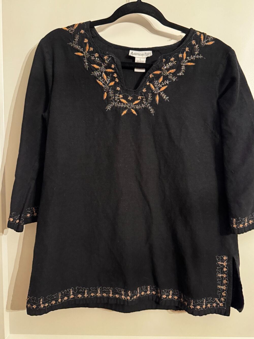 Vintage American Flirt 3/4 Sleeve Black Tunic Shirt V-Neck Womens Top Sz L Y2K